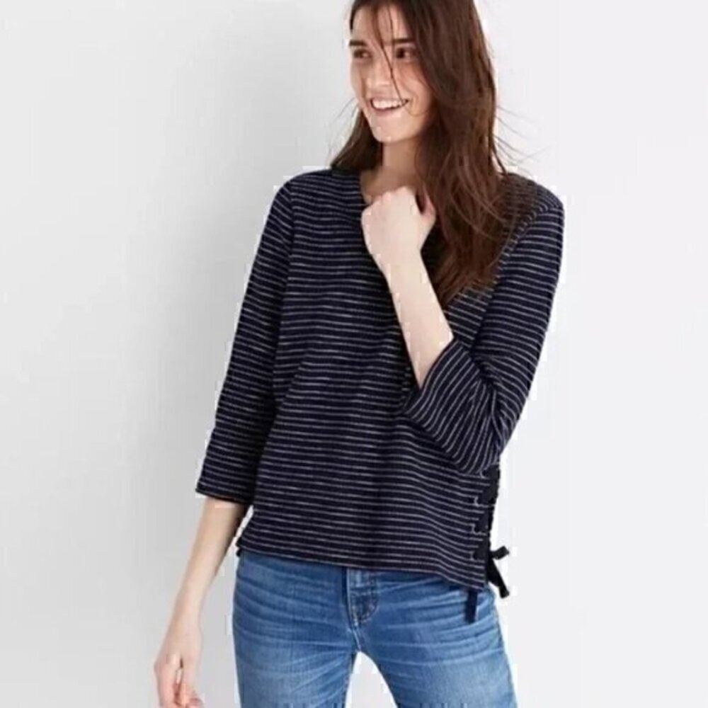 🔆 Madewell Navy Blue Striped Side Lace Top